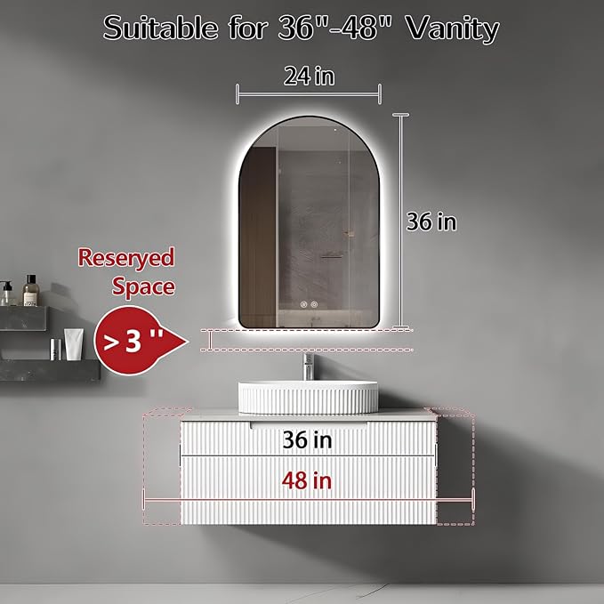 Niccy Arched LED Lighted Bathroom Mirror, 36x24 Inch Backlit Vanity Mirror with Lights Brushed Black Framed Wall Mounted Mirrors with Dimmable 3 Color Shatterproof Arch Smart Fog Free Mirror