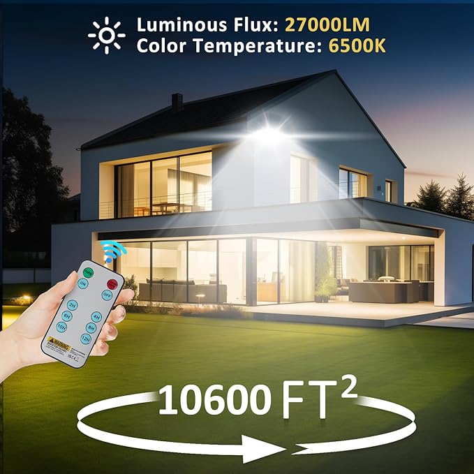 300W Flood Lights Outdoor,27000LM Bright Work Light Plug in,6500K Daylight White LED Flood Light Outdoor, IP66 Waterproof Exterior Floodlight for Yard Garage Stadium 2 Pack