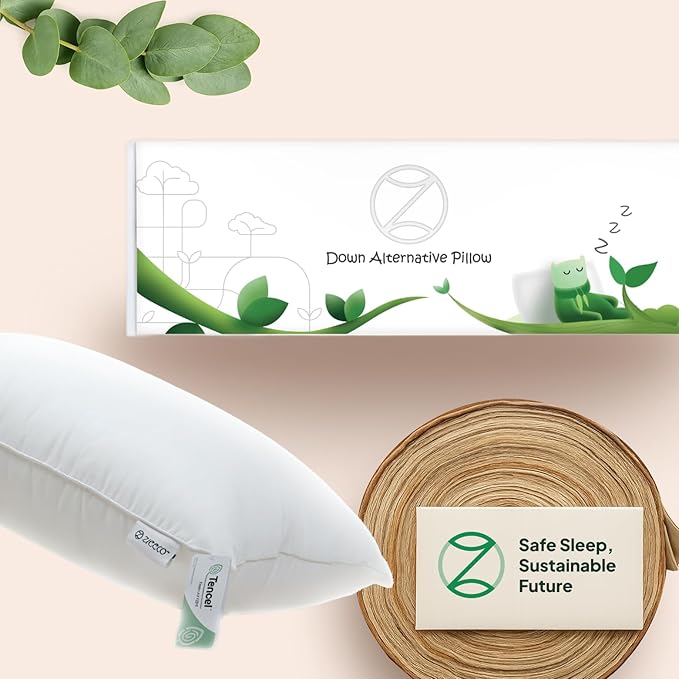 100% Tencel™ Lyocell Pillow & Pillowcase Set, Organic, Non Toxic, Hypoallergenic, Moisture-Wicking, Fluffy Pillows for Bed, Eucalyptus Fiber Cooling, Soft, 700 Fill Power - Standard - 20X26