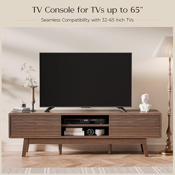 TV Console, Mid Century Modern Media Console for 55/60/65 Inch TV, Low Profile TV Stand with Fluted Sliding Doors, Boho Light Wood Credenza for Living Room (Walnut, 59")