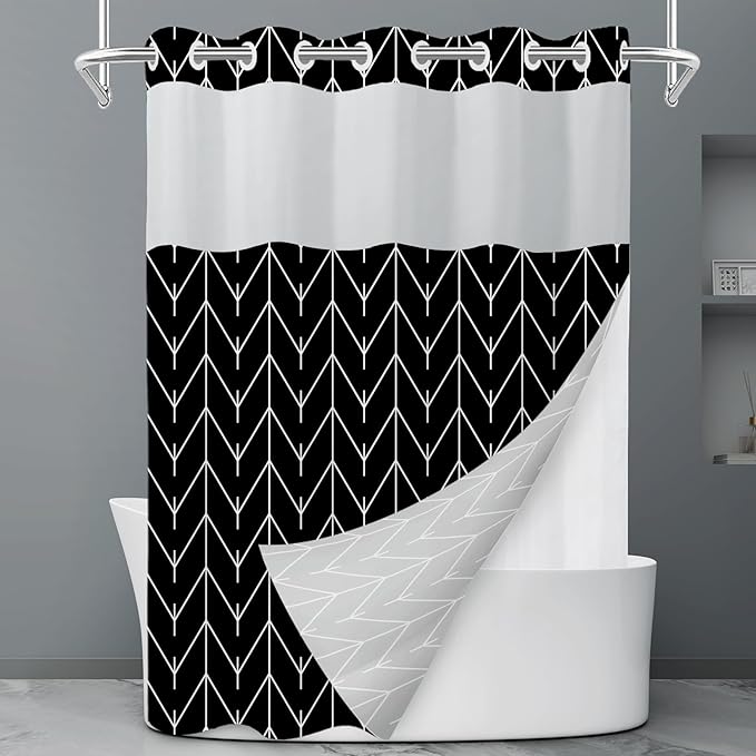 No Hook Geometric Striped Shower Curtain with Snap in Liner Set - Hotel Shower Curtain and Liner Set with See Through Mesh Top Window,Machine Washable, 71x74 INCH - Black White Herringbone