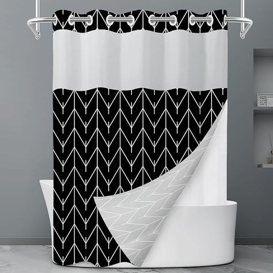 No Hook Geometric Striped Shower Curtain with Snap in Liner Set - Hotel Shower Curtain and Liner Set with See Through Mesh Top Window,Machine Washable, 71x74 INCH - Black White Herringbone