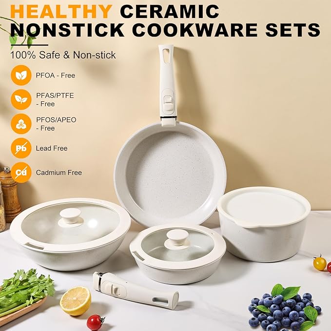 9 Pcs Ceramic Cookware Set Non Stick Frying Pots and Pans Set Non Toixc Cookware-PFAS/PFOA/PTFE Free, with Detachable Handle for RV Kitchen, Induction & Dishwasher Safe Cream White
