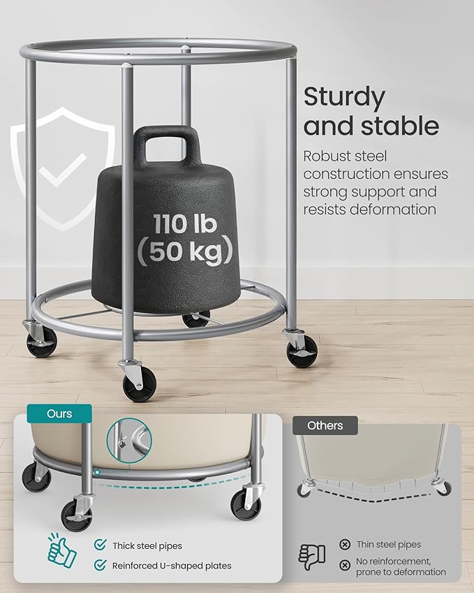 SONGMICS 50.2-Gallon (190 L) Laundry Basket with Wheels, Rolling Round Heavy-Duty Laundry Hamper Cart with Steel Frame and Removable Bag, 2 Locking Wheels, Cream White and Metallic Silver URLS01MZ