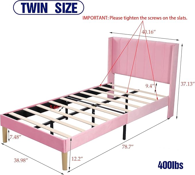 Upholstered Platform Twin Size Bed Frame with Headboard Wooden Slats Support No Noise Easy Assembly Pink Velvet