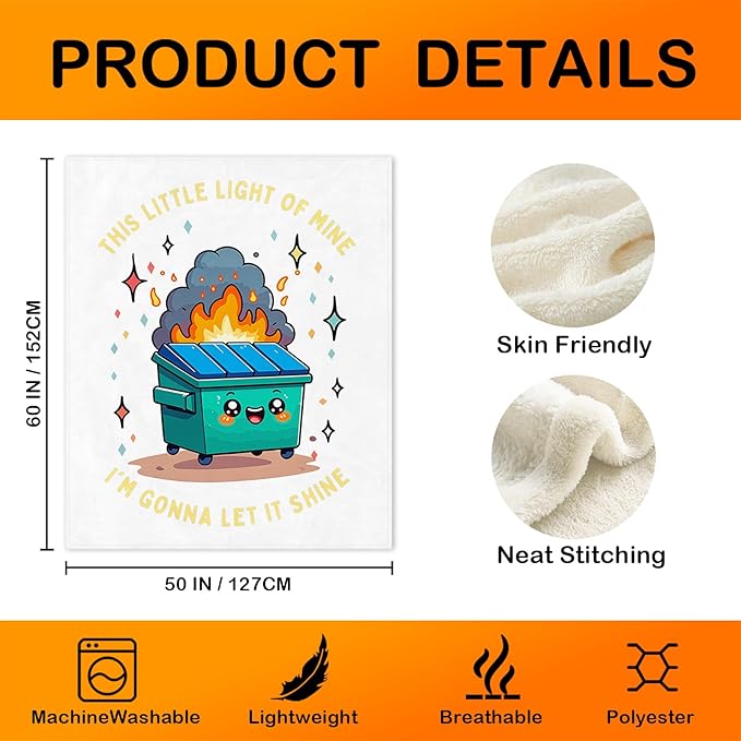 Funny Dumpster Fire Throw Blanket,This Little Light of Mine Dumpster Fire Humorous Blanket for Couch Bed Dorm Bedroom Office,Funny Bedroom Office Decor,50x60 Inches