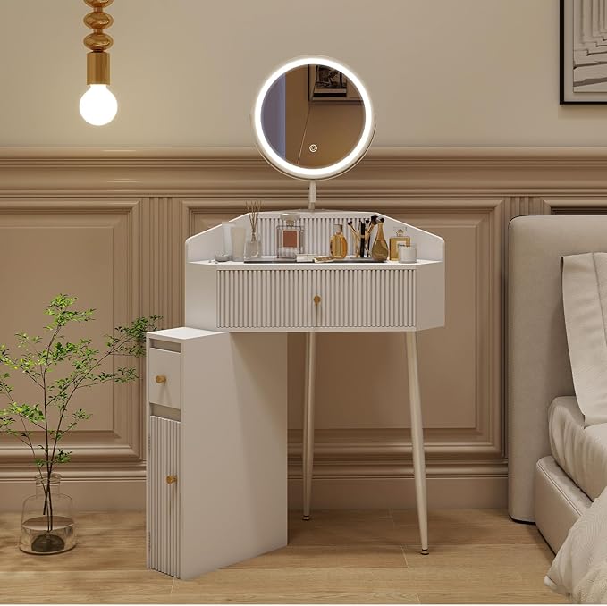 ARTETHYS Corner Vanity Desk with Retractable and Rotating Mirror and Lights Small Modern White Makeup Vanity Set with Glass Top for Women Compact Girls Dressing Table with Drawer for Small Space