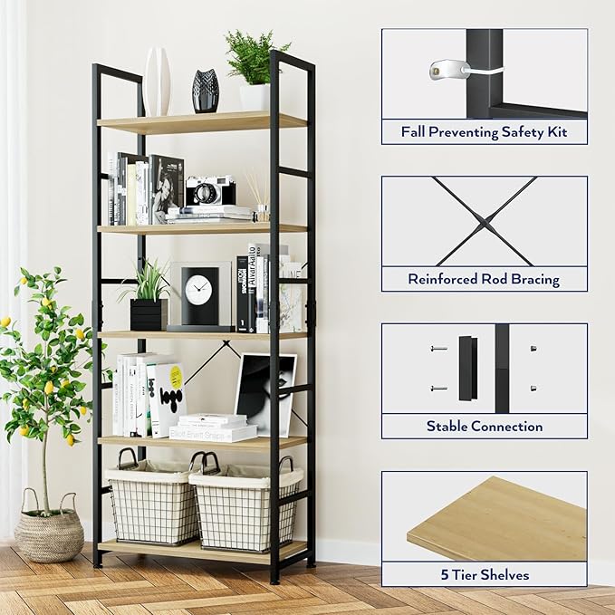 NUMENN 5 Tier Bookshelf, Tall Bookcase Shelf Storage Organizer, Modern Book Shelf for Bedroom, Living Room and Home Office, Natural