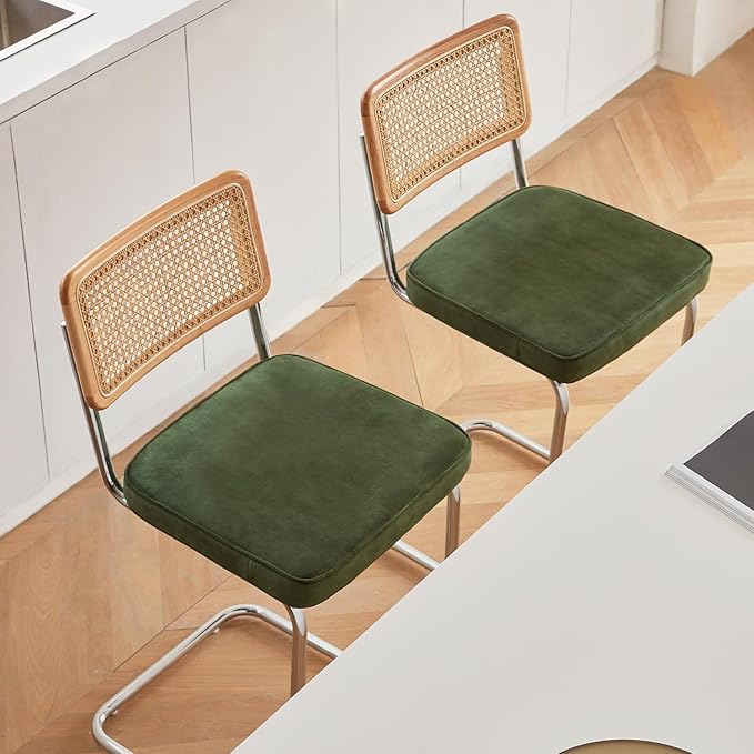 Natural Rattan Bar Stools Set of 2 with Solid Wood Back, 24 Inch Mid Century Modern Counter Height Stools, Green Upholstery Boho Stool for Kitchen Counter with Chrome Metal Legs