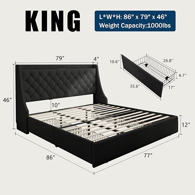 King Size Bed Frame with 4 Storage Drawers, Giant Upholstered Wingback Headboard, Fast Charging Station, No Box Spring Needed, Noise-Free, Black