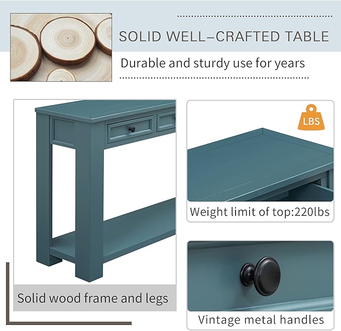 Solid Wood Console Table,63 in Long Sofa Table Entryway Table with 4 Drawers and Bottom Shelf for Hallway Living Room Couch Table,Fully Assembled (63" Dark Blue)