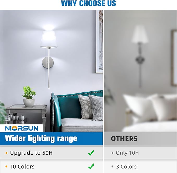 NIORSUN Battery Operated Wall Sconce Set of 2,Brushed Nickel Rechargeable Wall Lights with 5200mAh Dimmable Detachable Bulbs and Remote, 10 Colors Wireless Sconces for Bedroom Living Room Hallway