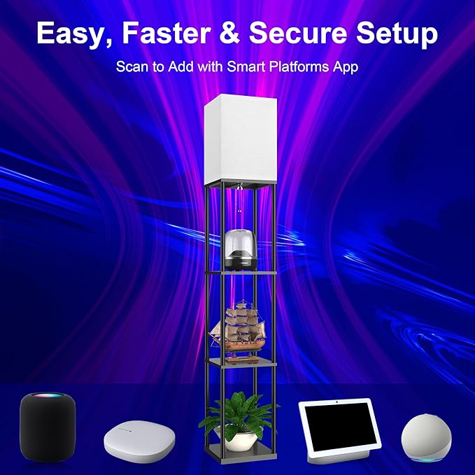 Floor Lamp with Shelves for Living Room with Matter Smart LED Light Bulb Works with Google Home/Alexa/Apple Home/SmartThings/Siri, Modern Standing Lamp Color Changing Corner Light Bedroom Home Decor