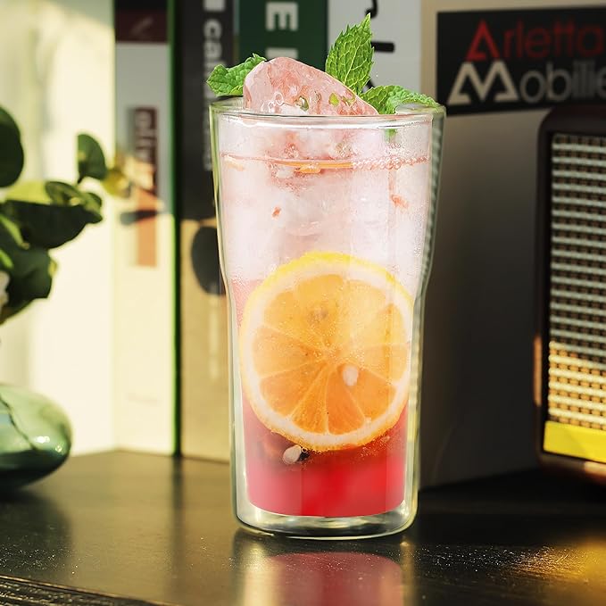 Joeyan Glass Double Walled Beer Drinking Glasses Tumbler 16 oz, Double Layer Tall Borosilicate Insulated Water Cocktail Glass Cups, Double Lined Thermo Tea Coffee Hot Beverage Glassware, Set of 2