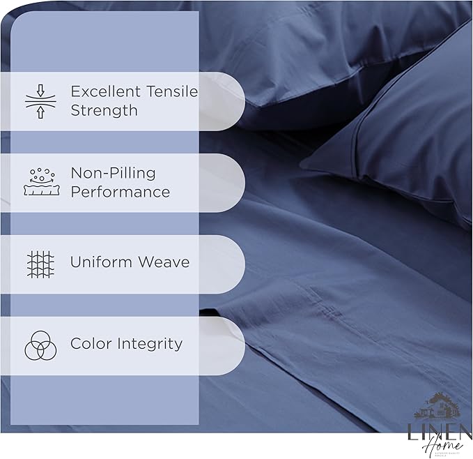 Linen Home 100% Cotton Percale Sheets Twin Size, Dark Blue, Deep Pocket, 3 Pieces Set - 1 Flat, 1 Deep Pocket Fitted Sheet and 1 Pillowcase, Crisp Cool and Strong Bed Linen