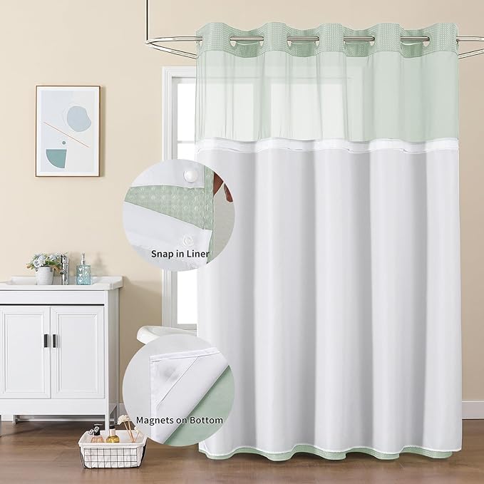 No Hook Shower Curtain with Snap in Fabric Liner, Waffle Weave Heavy Duty Thick Shower Curtains with Mesh Top Window, Hotel Style Waterproof Bathroom Curtain Set, 72 x 75 Inch, Mint Green