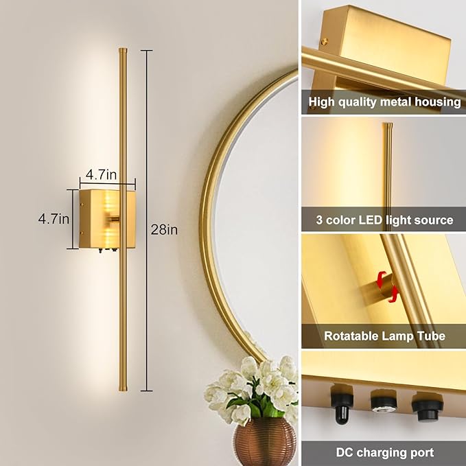 Rechargeable Battery Operated Wall Sconces, 11000mAh Wireless Brushed Gold Wall Lights with Remote Control, 350°Rotate Dimmable Wall Lamp, 3 Color Temperatures, for Bedroom Living Room Hallway, 1 PCS
