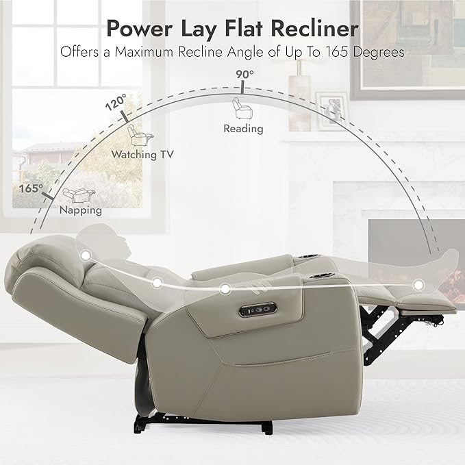 Watson & Whitely Genuine Leather Power Recliner Chairs for Adults, Lay Flat Recliner with Power Headrest, USB Ports and Cup Holders, Electric Reclining Sofa for Living Room, Bedroom, Grey