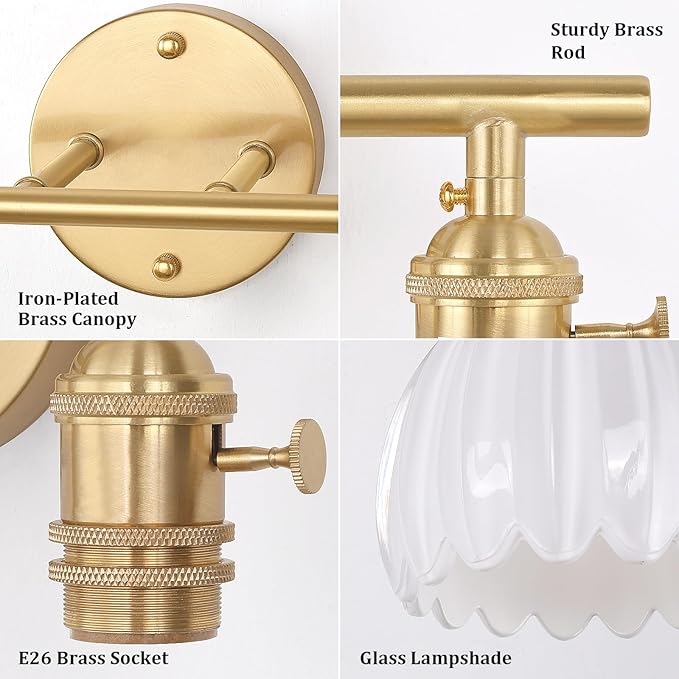 Bathroom Light Fixtures, 2-Light Brass Vanity Wall Light Over Mirror with White Tulip Glass Shade for Bedroom Living Room