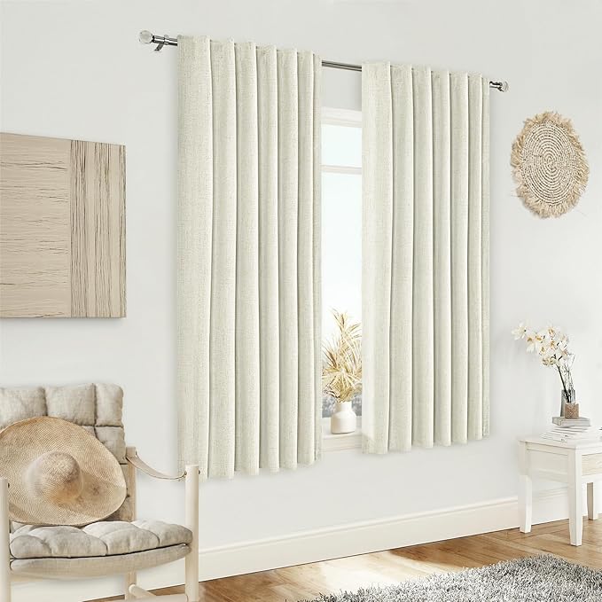 Cream White 100% Blackout Curtains 63 inches Length Long, Thermal Insulated Drapes Rod Pocket/Back Tab/Clip Rings Room Darkening for Living Room Bedroom 2 Panels Set 52x63 Natural