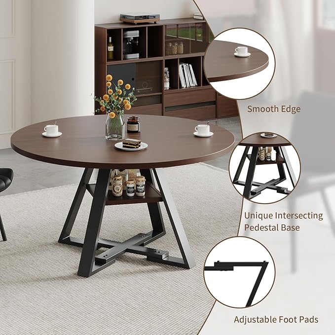 45.3" Walnut Round Dining Table Set with 4 Chairs – Mid-Century Modern Small-Space Kitchen & Dining Room Furniture for Apartment or Breakfast Nook