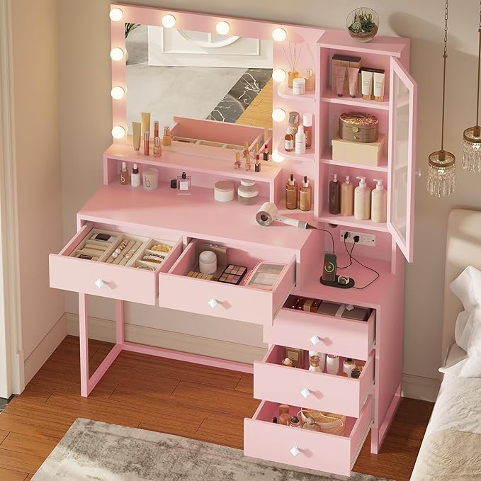 Tiptiper Makeup Vanity Desk with Mirror and Lights & Charging Station, White Vanity Table with 5 Storage Drawer & Glass Door & 3 Shelves for Bedroom,Pink