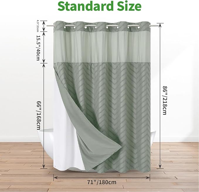 Extra Long No Hook Tufted Chevron Striped Shower Curtain with Snap-in Fabric Liner set-71Wx86H(84H),Sage Green Hotel Grade Boho Style Shower Curtain,Water Repellent