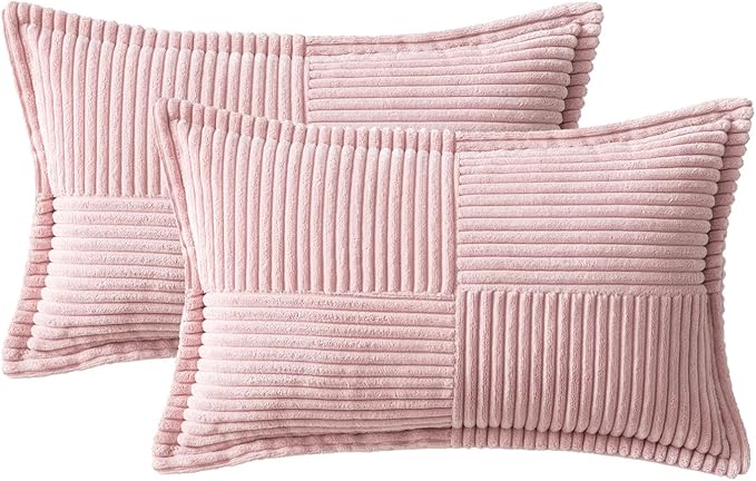 MIULEE Decorative Lumbar Throw Pillow Covers for Couch Bed Livingroom 12x20 Inch Set of 2 Pink Boho Accent Throw Pllows Broadside Striped Patchwork Soft Corduroy Pillowcases