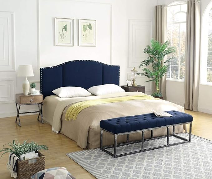 24KF Middle Century Linen Upholstered Tufted King Size Headboard with Antique Brass Nail Heads Trim King/California King headboard-Navy Blue