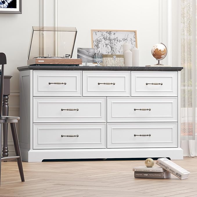 Dresser for Bedroom with 7 Drawer, Farmhouse Dresser for Closet, 47'' Wide Rustic Wooden Chest of Drawers with Natural Wood Texture, Vintage Storage Organizer for Living Room, Hallway, White