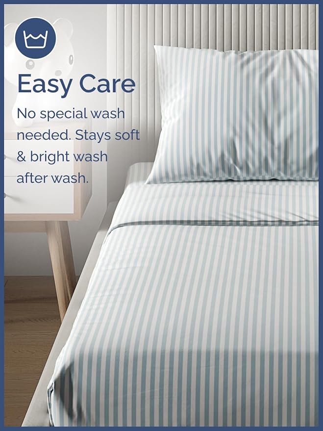 Kids Green Pinstripes Queen 4 Piece Sheet Set - Boys, Girls, Teens, Toddler - Easy Fit Deep Pockets - Breathable, Hotel Quality Sheets - Machine Washable - Wrinkle Free - Cute, Cozy, Soft - CGK Linens