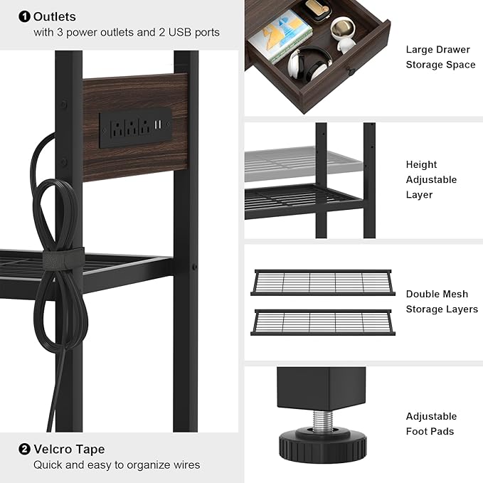 Ecoprsio 47'' Entryway Table with Outlets and USB Ports, Console Table with 3 Drawers, Sofa Table Narrow Long with Storage Shelves for Living Room, Couch, Hallway, Foyer, Black Walnut Finish