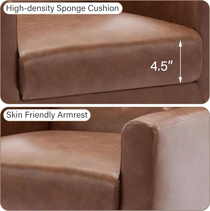 Accent Chair, Mid-Century Modern PU Leather Chairs with Arms for Living Room, Comfy Upholstered Club Single Sofa Armchair for Bedroom Waiting Room with Solid Wood Frame-Leather Coffee, Set of 1