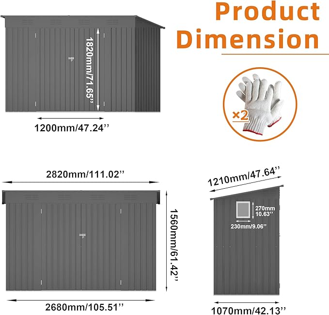 4x9 ft Lean to Shed, Outdoor Storage Shed with Lockable Double Door and Window, Metal Storage Sheds with Sloping Roof and 6 Vents, Outside Garden Tool Sheds for Backyard, Patio (Grey)