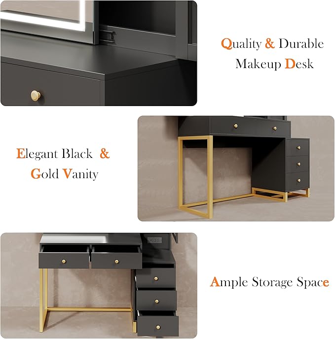 Black Makeup Vanity Desk with Sliding Mirror and LED Lights,Power Outlet&Vanity Stool for Makeup Table,Makeup Organizer Countertop with Cabinets&5 Storage Drawers