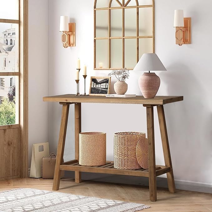 Reclaimed Solid Wood Console Table, 43.3" Farmhouse Entryway Table, Narrow Couch Tables Behind Sofa, 2 Tiers Accent Tables for Hallway, Entrance, Foyer, Living Room