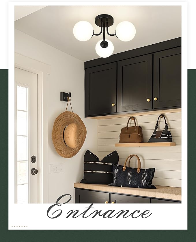 3-Globe Black Flush Mount Ceiling Light in a Modern Farmhouse Design is Ideal for Living Rooms, Bedrooms, or Dining Rooms. Model:CKCL4845-3W-BK