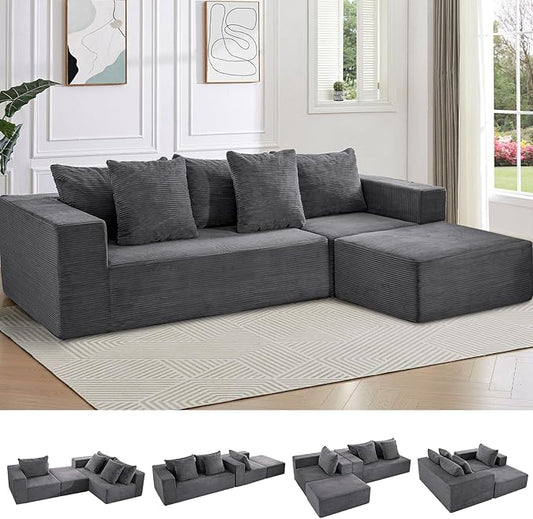INGEROOM 108" Cloud Sectional Couch with L-Shape Chaise, Modular Sofa Memory Foam, Boneless Sofa with Movable Ottoman, Upholstered Couches for Living Room Bedroom, No Assembly Required, Dark Gray