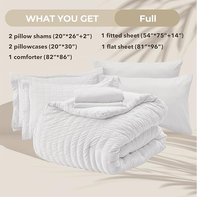 HYMOKEGE White Full Size Comforter Sets Seersucker 7 Pieces, All Season Luxury Bed in a Bag for Bedroom, Bedding Set with Comforters, Sheets, Pillowcases & Shams