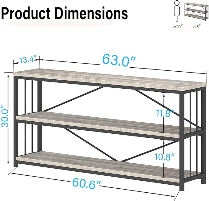 LVB Long Console Table with Storage, Farmhouse Rustic Skinny Entryway Table, Modern Wood Metal Hallway Sofa Table with Shelf, Industrial Narrow Couch Entry Table for Foyer Living Room, Light Grey, 63