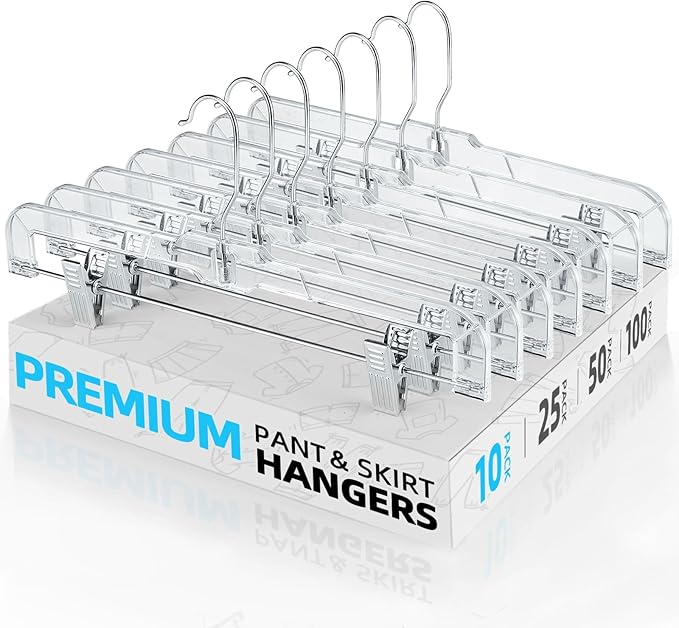 HOUSE DAY Clear Skirt Hangers with Clips, Non-Slip Plastic Pant Hanger with 2 Adjustable Clips, Upgraded Clip Hanger for Pants, Skirts, Shorts, 14" Clear Hangers 10 Pack, 360-Rotating Swivel Hook