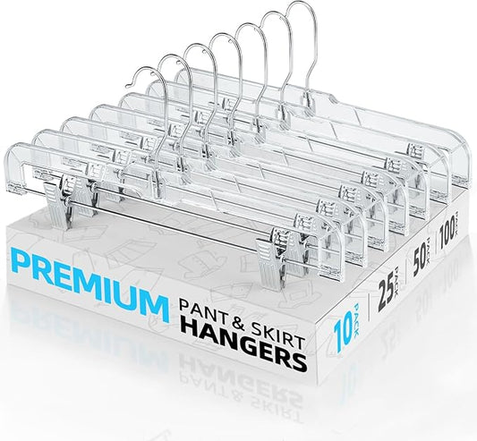 HOUSE DAY Clear Skirt Hangers with Clips, Non-Slip Plastic Pant Hanger with 2 Adjustable Clips, Upgraded Clip Hanger for Pants, Skirts, Shorts, 14" Clear Hangers 10 Pack, 360-Rotating Swivel Hook