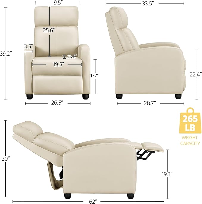 Yaheetech Recliner Chair PU Leather Recliner Sofa Home Theater Seating Adjustable Modern Single Reclining Chair Sofa with Pocket Spring Living Room Bedroom Beige