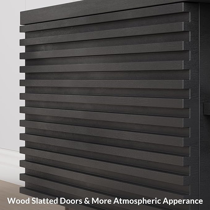 BELLEZE 68" Fluted TV Stand for TV up to 75", Modern Entertainment Center with Storage Cabinet, Slatted Door Decorated Media Console Table, Home Living Room Bedroom Furniture(Ebony)