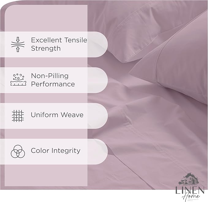 Linen Home 100% Cotton Percale Sheets King Size, Mauve Lavender, Deep Pocket, 4 Pieces Set - 1 Flat, 1 Deep Pocket Fitted Sheet and 2 Pillowcases, Crisp Cool and Strong Bed Linen