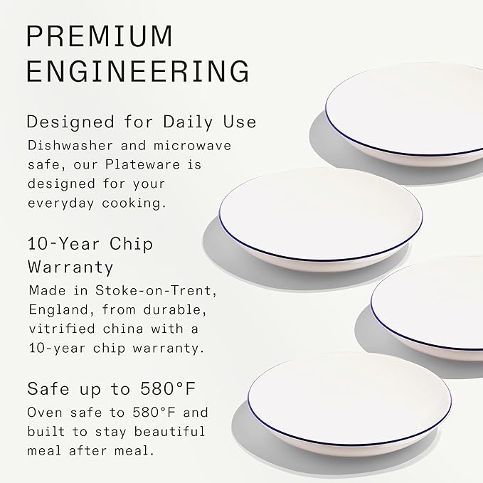 Made In Cookware - Set of 4 - Entrée Bowls - White With Navy Rim - Porcelain England