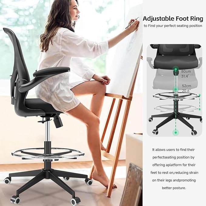 Drafting Chair, Ergonomic Tall Office Chairs for Standing Desk, Home Office Desk Chair with Lumbar Support and Adjustable Flip-up Armrests & footrest (06H-Black)