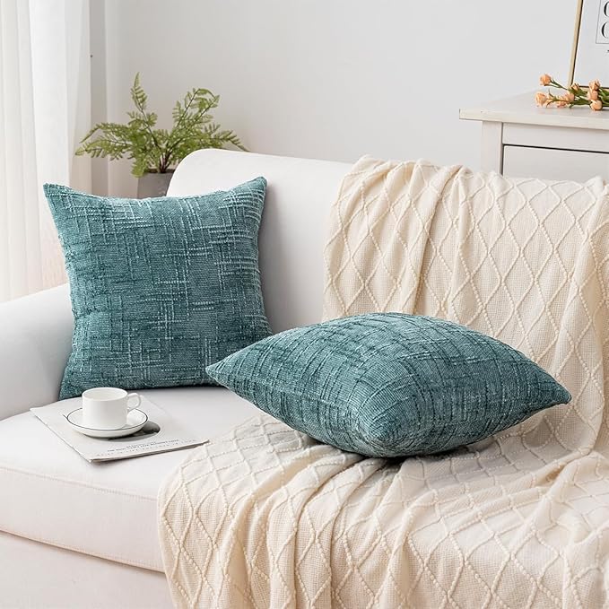 Decorative Throw Pillow Covers 18x18 Inch Set of 2, Soft Solid Farmhouse Chenille Couch Pillows, Spring Pillow Covers for Couch Sofa Bed Living Room Home Decor Pillowcase, Teal