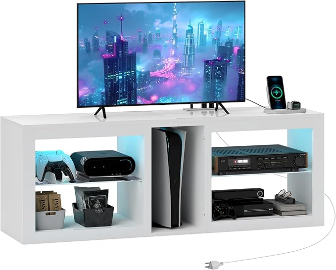 HOMCOM Modern TV Stand with LED Lights and Power Outlets for 55 Inch TV, 51" High Gloss Entertainment Center with Adjustable Glass Shelves, TV Console for Bedroom, Living Room, White