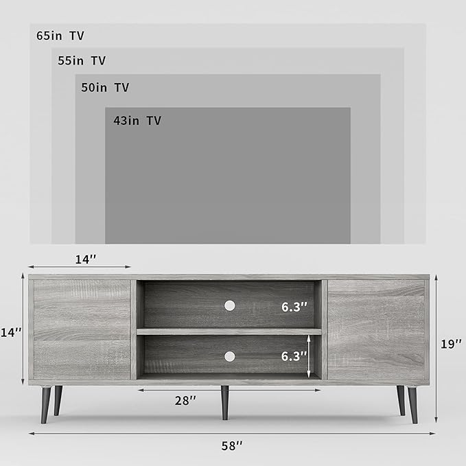 JUMMICO TV Stand for 65 Inch TV, Mid Century Modern TV Stand, Entertainment Center with Storage Cabinet and Open Shelves, TV Console Table Media Cabinet for Living Room, Bedroom and Office (Gray)